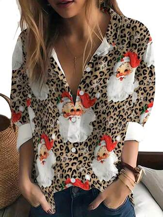Plus Size Women's Santa Claus & Leopard Print Button Front Long Sleeve Woven Collar Blouse