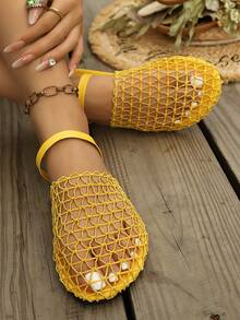 New European And American Style Backstrap Fishnet Flat Sandals, Hollow-Out Comfortable Beach Slides For Women - Yellow - View 6