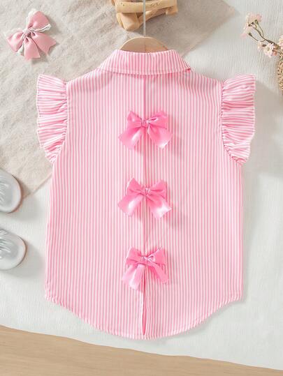 Girls' Casual Sleeveless Blouse With Bowknot Back Decor, Fashionable Printed Striped Pattern, Summer