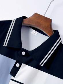 Men's Colorblock Striped Long Sleeve Polo Shirt, Comfortable Fabric, Suitable For Casual, Outdoor, Work, Multi-Color Geometric Design, Collared Button-Up Top, Autumn/Winter - Blue - View 4