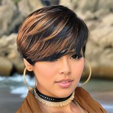 Ombre 1B/33 Color Short Pixie Cut Human Hair Wig - Black With Brown Layered Straight Style For Women, Rose Net Cap, Natural Look For Everyday Style, Fashion Accessory | Layered Style | Hair Texture, Short Hair Wig - Multicolor - View 7