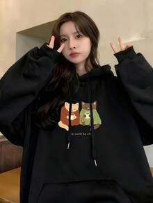 Y2K, 320g Retro Street Style Women's Autumn And Winter Matching Fashionable Loose Hoodie Long Sleeve Sweatshirt, Letter Pattern Print, Soft Fabric, Unisex Dress Set, Funny Top To Wear Inside Or Outside - Black [Hoodie/Autumn Outfit] - View 1