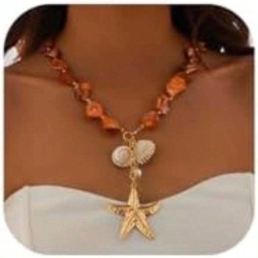 Collar de concha grande de verano con colgante de perlas de estrella de mar, collar de cadena de clavícula, collar de cadena de pecho de oro para mujer, collar de bikini y estrella de mar(Naranja) - Multicolor - Ver 1