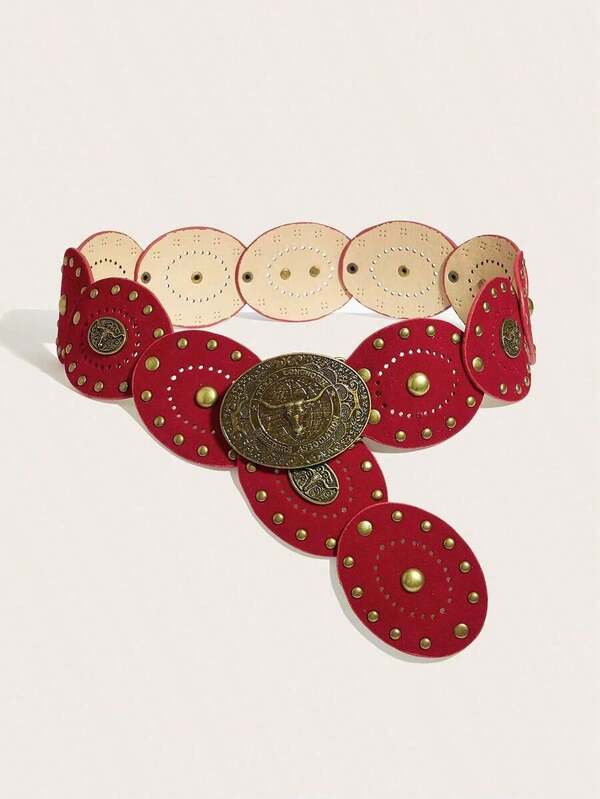 1pc Women's Heart Patchwork Rivet Decor Western Retro Waist Belt Accessory, American Vintage Style In Stock