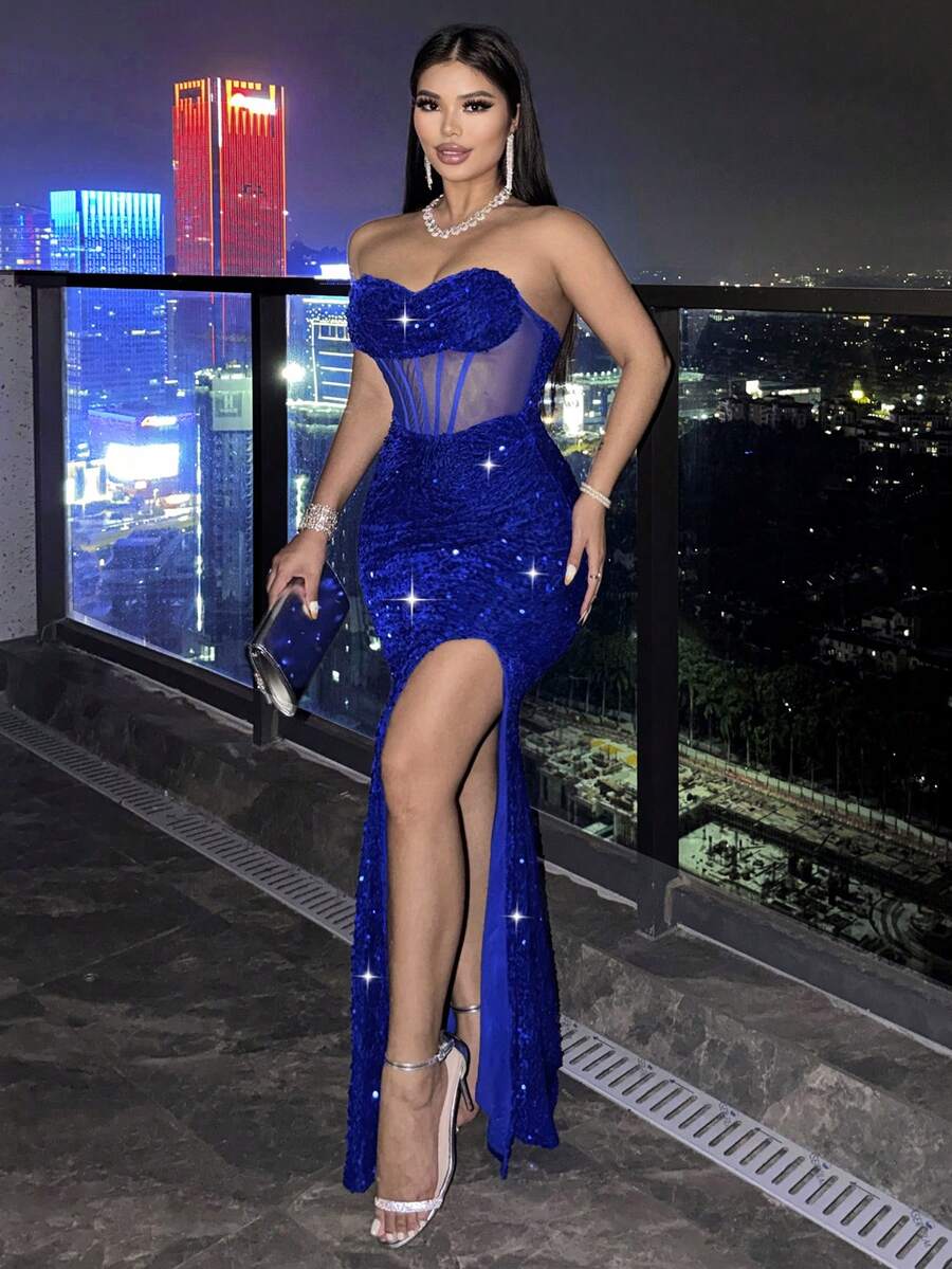 CHOSMO Solid Color Elegant Sequin Side Slit Mermaid Beach Date Holiday Wedding Vacation Birthday Evening Party Strapless Dress Summer - Royal Blue - View 1