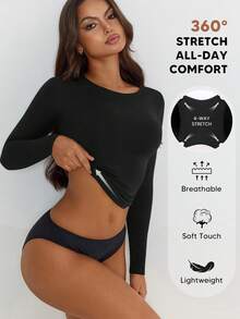 Women's Light Compression Long Sleeve T-Shirt, Round Neck Regular Length T-Shirt With Slimming Function Casual Black Spring - Black - View 3