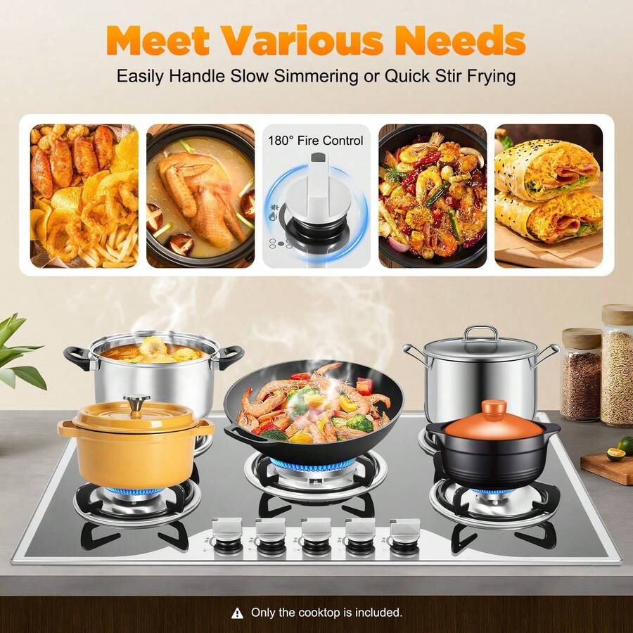 5-Burner Gas Cooktop - 63% Thermal Efficiency, Electronic Pulse Ignition & 180° Fire Control, Built-In/Countertop Dual Installation, Easy-To-Clean Coated Glass For Home/Restaurant Efficient Cooking - Black, Silver - View 1