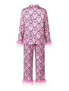 Women Feather Trim Silk Satin Pajama Set Christmas Button Down Shirts And Pants Outfit Sleepwear Loungewear - Hồng - Xem 4