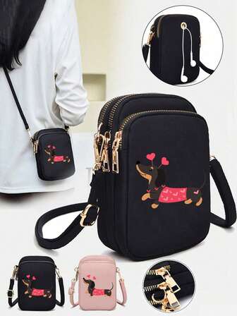Casual And Fashionable Walking Mini Crossbody Bag With Love-Loving Dachshund Pattern, Stylish Mobile Phone Bag With Earphone Hole, Coin Purse, Shoulder Bag, Wallet, Sports Arm & Running Wrist Bag, Lightweight Odorless Polyester Travel Bag, Travel Accessories, For Daily, Shopping & Outdoor Sports, For Anniversary Gift, Christmas Gift,Valentine'S Day Gift, New Year'S Gift