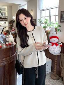 Áo len cardigan dệt kim rộng, Xuân/Thu - trắng - Xem 5