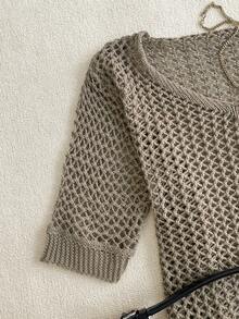 Women's Casual Spring/Summer Beach Outfit: Loose Hollow-Out Solid V-Neck Knit Short Sleeve Pullover - Khaki - View 6