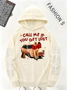 Fashionable Hooded Sweatshirt With The Letters "CALL ME IF YOU GET LOST" Printed On It, Along With Retro Patterns And Artistic Sleeve Flowers, Is Suitable For Street Style And Casual Outfits - Màu be - Xem 1
