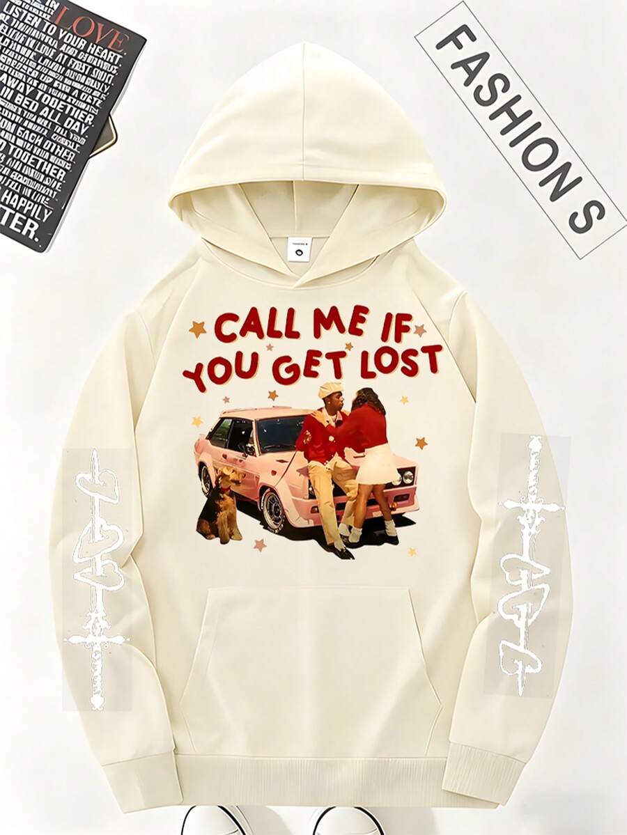 Fashionable Hooded Sweatshirt With The Letters "CALL ME IF YOU GET LOST" Printed On It, Along With Retro Patterns And Artistic Sleeve Flowers, Is Suitable For Street Style And Casual Outfits - Màu be - Xem 1
