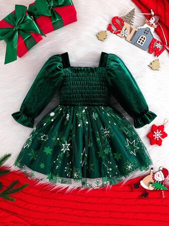 Christmas Girls Snowflake Pattern Mesh Dress, Elegant Party Outfit For Little Girls