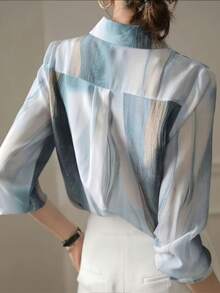 Versatile Loose Printed Shirt For Women, Elegant Blouse With Front Button Closure, Suitable For Office, Vacation, Spring/Summer/Autumn - 淺藍色 - 查看 4