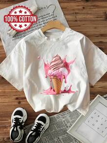 Round Neck Printed Short Sleeve T-Shirt, Ice Cream Printed Cotton T-Shirt - White - View 7
