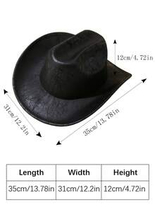 1pc Unisex Unisex Cattle Head & Belt Decor Handmade PU Cowgirl Hat Panama Hat Wide Brim Ridge Cowboy Hat Western Suitable Soft Felt Hat Fedora Hat - 黑色 - 查看 5