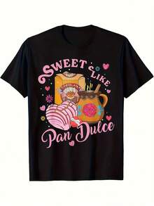 Camiseta gráfica 'Dulce como pan dulce' para mujer - Cuello redondo casual, manga corta, diseño de pan mexicano vibrante para todas las estaciones, camiseta tipo T mexicana - Oscuro - Ver 1