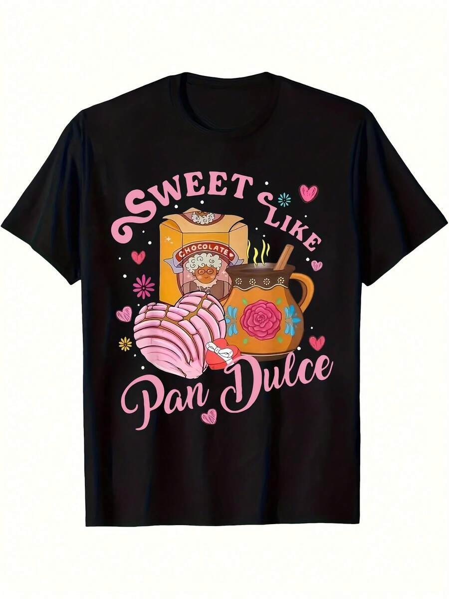 Camiseta gráfica 'Dulce como pan dulce' para mujer - Cuello redondo casual, manga corta, diseño de pan mexicano vibrante para todas las estaciones, camiseta tipo T mexicana - Oscuro - Ver 1