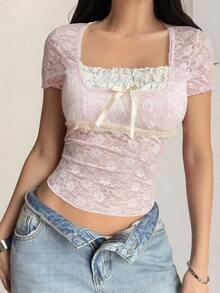 Y2K Seductive Lace Trim Collar Slim Fit Short Sleeve T-Shirt Top Casual - Pink - View 3