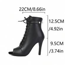 Botas femininas de salto alto de 9,5 cm para dança jazz/moderna, bico aberto, cadarço, zíper traseiro, sola listrada, salto fino, adequadas para festas e bailes. Disponíveis em preto e marrom, adequadas para todas as estações. - Preto fosco - Ver 12