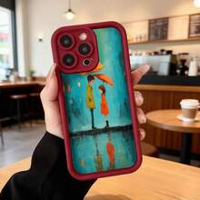 Cubierta de telefono con borde negro y diseño artístico de pareja bajo paraguas en lluvia color azul turquesa para uso diario en cafeterías y espacios urbanos Aplicable a los teléfonos de la serie Apple y Galaxy - Negro - Ver 5