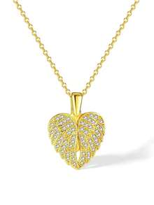 1pc Stainless Steel Micro-Inlaid Zirconia Heart Wing Openable Pendant Necklace, Elegant Luxury Niche Design Clavicle Chain - Gold - View 3