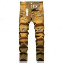 Men Plus Size Christmas Straight Leg Jogger Jeans Slight Stretch Fashion Slim Fit Denim Pants Streetwear New Arrival - màu nâu - Xem 3