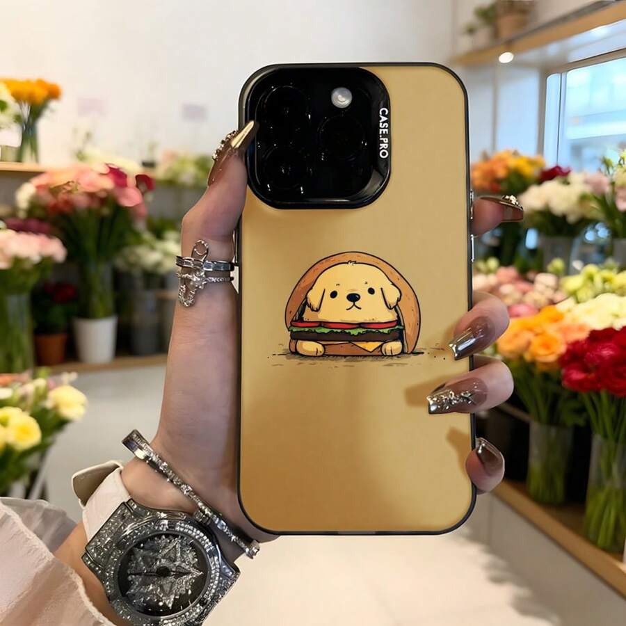 Funda de telefono con diseño de perro en hamburguesa color dorado para iPhone con estampado divertido y texto CASENO ideal para uso diario y regalos Aplicable a los teléfonos de la serie Apple y Galaxy - Blanco - Ver 1