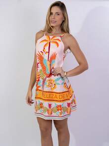 Short Dress With Zipper In The Back, Printed Summer Design. - Coral Pink - View 3