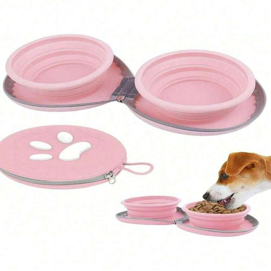 Pet Dog Travel Silicone Double Bowl, 2-In-1 Foldable Silicone Dog Bowl, Portable Easy-To-Clean Pet Feeding Device, Suitable For Travel And Outdoor Use, Pet Boarding, Training Feeding And Water Tray