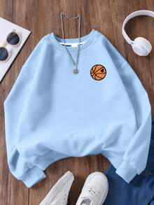 Tween Boys Casual Sporty Style Basketball Pattern Round Neck Long Sleeve Sweatshirt Autumn And Winter Student Boys Clothes - Blue - View 4