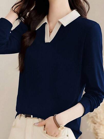2025 New Autumn Women's Fashionable Turndown Collar Long Sleeve Polo Shirt, Casual Wear