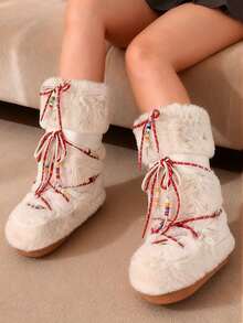 Faux Fur Snow Boots For Women Fuzzy Fluffy Furry Lace Up Mid Calf Boots Winter Warm Fur Boots For Christmas - 白色3 - 查看 11