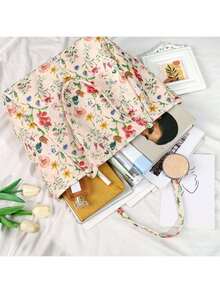 Plant Pattern Striped Corduroy Tote Bag,Corduroy Shoulder Tote Bag For Women,Large Capacity,Lightweight,Portable,Foldable,Perfect For Books, Shopping, Back To School And More, School Supplies, School Bag, School Handbag, School Tote Bag, School Bookbag, Back To School Bags, Large Capacity, Lightweight, Portable, Foldable, Classic Casual - 復古花 - 查看 4