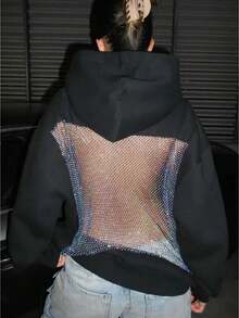 Mesh Back Hoodie Women Hollow Backless Oversized Sweatshirts With Pocket Y2k Party Sparkly Fleece Pullover - 黑色 - 查看 1