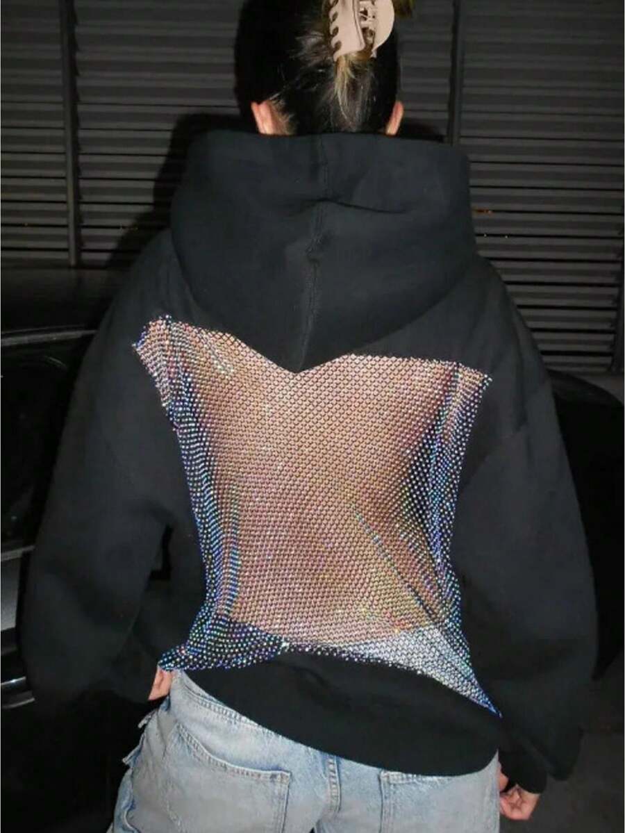 Mesh Back Hoodie Women Hollow Backless Oversized Sweatshirts With Pocket Y2k Party Sparkly Fleece Pullover - 黑色 - 查看 1