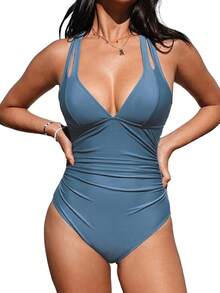 Women's Swimsuit Tummy Control Deep Double Straps Crisscross Back Tie Bathing Suit, 2025 Swimwear - 石藍色 - 查看 12