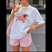 shorts simples de amarrar com listras para o dia a dia - Rosa chiclete - Visão 1