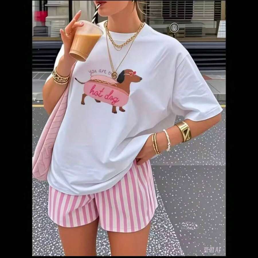 shorts simples de amarrar com listras para o dia a dia - Rosa chiclete - Visão 1