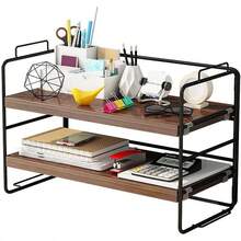 simfort Organizador de Escritorio 3 Niveles, Organizador Estantes de Escritorio Estante de Libros Organizador de Oficin Estantería para Cocina Oficina Baño Dormitorio Sala de Lectura - Marrón - Ver 1