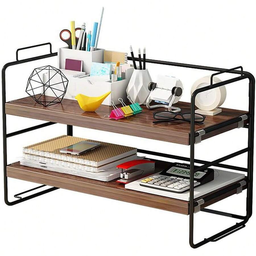 simfort Organizador de Escritorio 3 Niveles, Organizador Estantes de Escritorio Estante de Libros Organizador de Oficin Estantería para Cocina Oficina Baño Dormitorio Sala de Lectura - Marrón - Ver 1