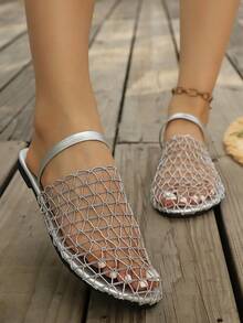 New European And American Style Backstrap Fishnet Flat Sandals, Hollow-Out Comfortable Beach Slides For Women - Silver - View 5