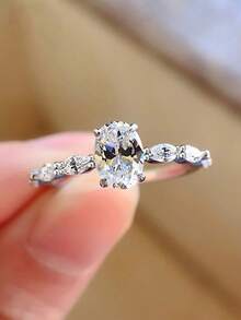 Nooxian 1 buah Cincin Telur Zirkonia Kubik Berkilau & Elegan untuk Wanita, Cincin Pernikahan - perak - View 7