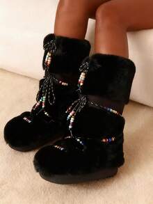 Faux Fur Snow Boots For Women Fuzzy Fluffy Furry Lace Up Mid Calf Boots Winter Warm Fur Boots For Christmas - 黑色3 - 查看 4