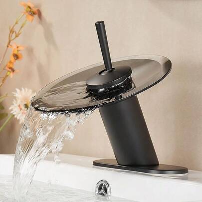 Wasserfall-Waschtischarmatur aus massivem Messing, moderne runde Glas-Wasserfallarmatur für Waschtisch, Einloch-Standwaschtischarmatur, Einhebel-Eckwaschtischarmatur