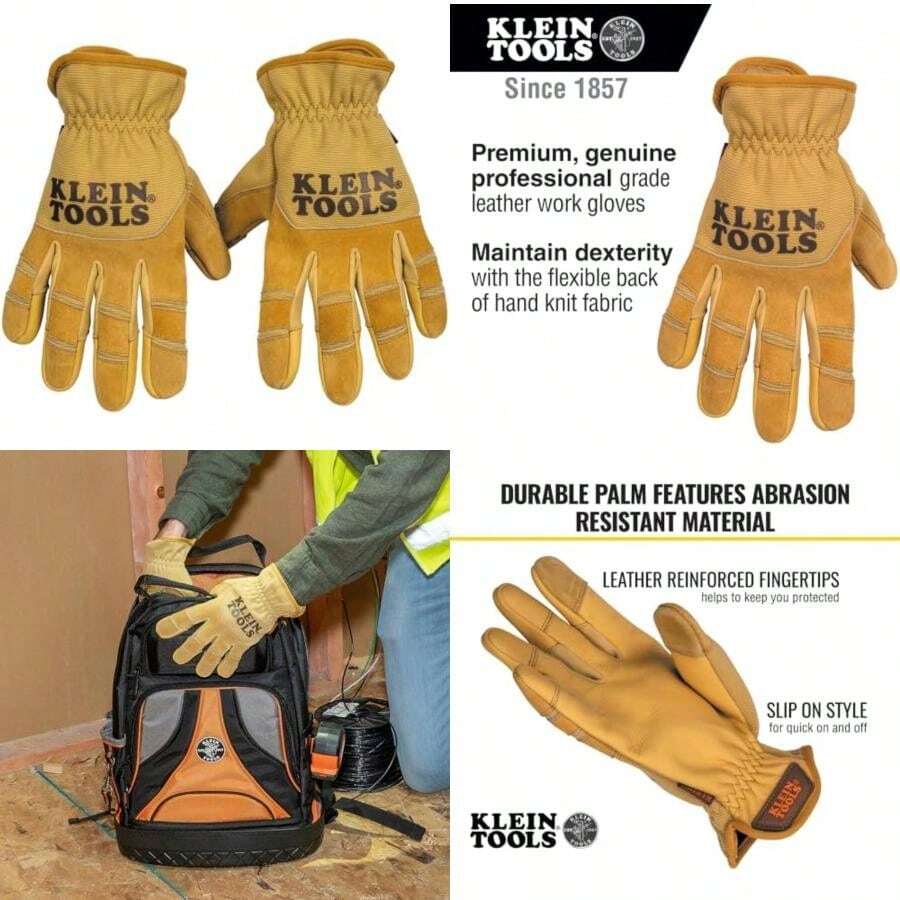 Klein Tools 60607 | Guantes de cuero multiusos | Mayor protección en tareas pesadas | Confort flexible para el trabajo diario | Guantes electricista | Herramientas | Talla M| 1 par | Color marrón(default) - Multicolor - Ver 1