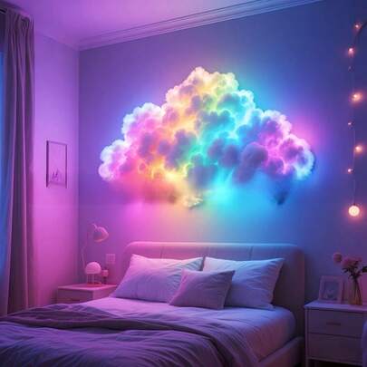 Bộ sản phẩm bao gồm dải đèn LED hình tia chớp tự lắp ráp dài 157,48 inch, đèn treo tường hình đám mây lớn chạy bằng nguồn USB, làm từ chất liệu nhựa ABS, có thể điều chỉnh độ sáng và điều khiển bằng ứng dụng để tạo không gian chiếu sáng đầy màu sắc vào ban đêm.