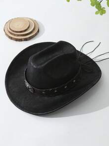 1pc Unisex Cattle Head & Belt Decor Handmade Panama Hat Wide Brim Cowboy Hat PU Cowgirl Hat Ridge Western Suitable Soft Felt Hat Fedora Hat - màu đen - Xem 3