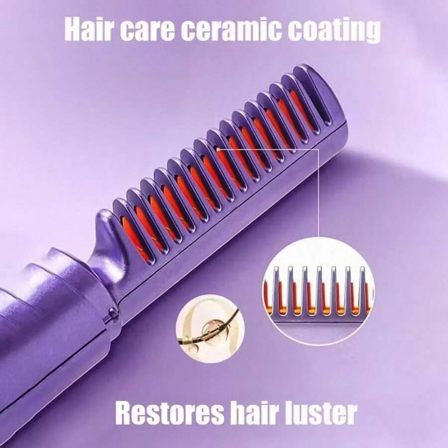 2-In-1 Hair Straightening & Curling Comb- Stainless Steel Bristles & Ceramic Coating  With Ionic Technology, Frizz-Free Styling, Portable Dual-Head Design For Wet/Dry Hair, Ergonomic Handle, Lightweight Travel-Friendly For Home, Gift, Party